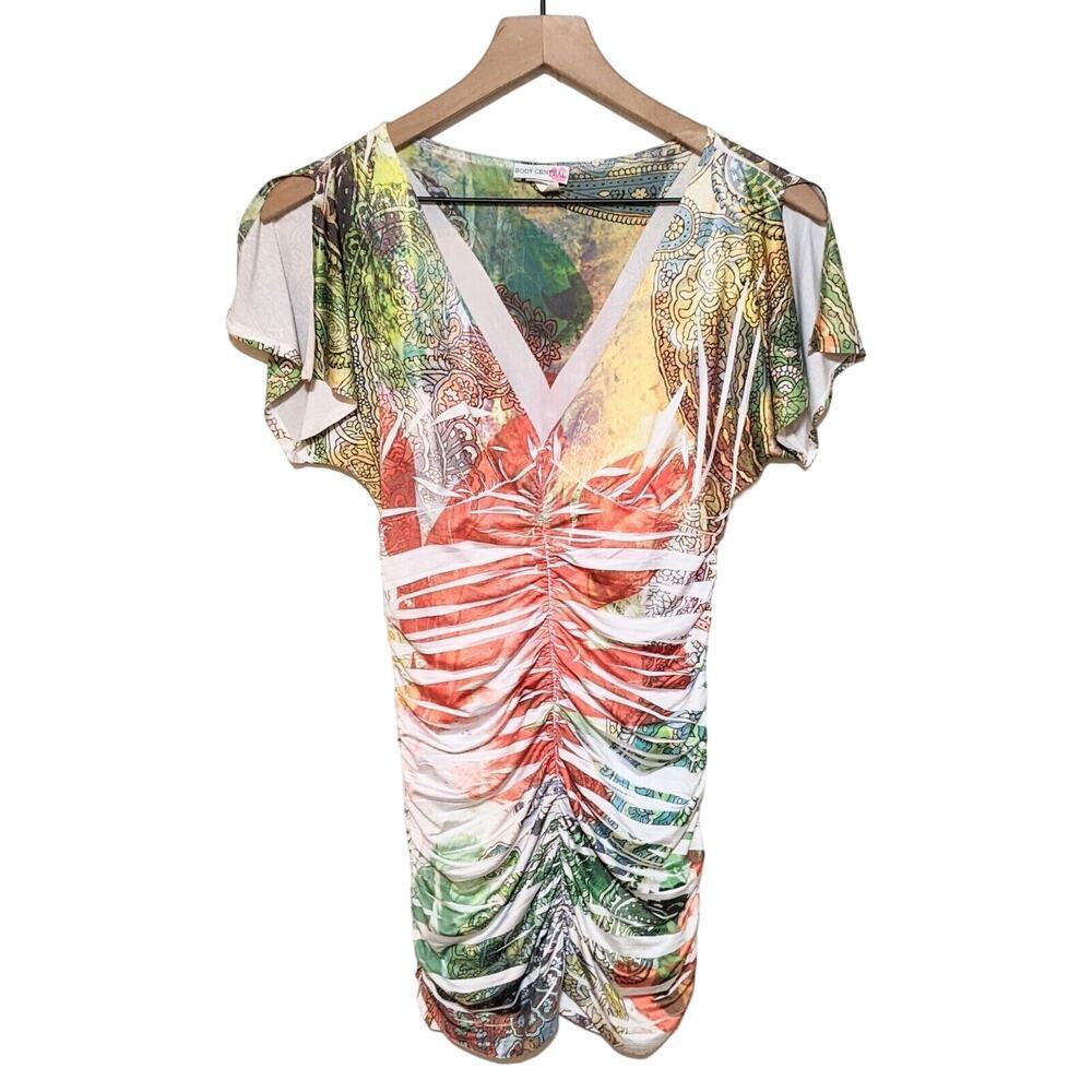 Body Central Top Womens M Pink Green Paisley Ruched Tunic Flutter Sleeve V Neck